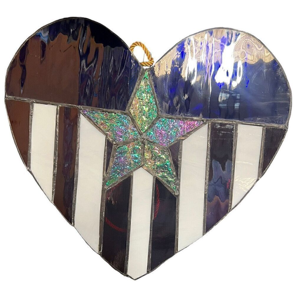 Heart Shaped Leaded Glass Window Decor Stars and Stripes Patriotic Texas USA